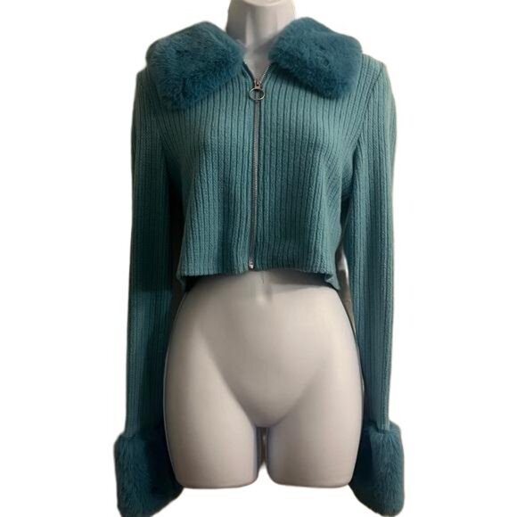 Fashion Nova Turquoise Fuzzy Trim Cropped Blazer, Large - Picture 5 of 5